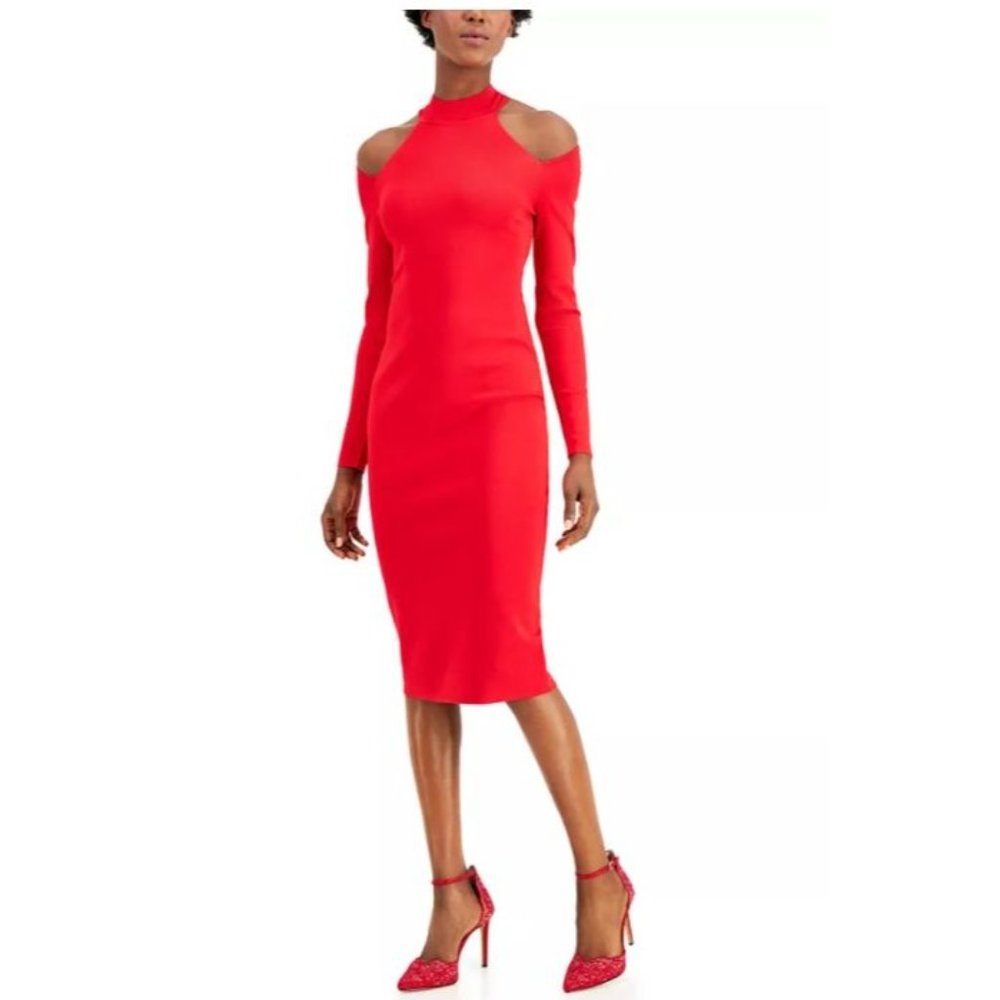 INC International Concepts Cold-Shoulder Sweater Dress Real Red SZ Med B1-12